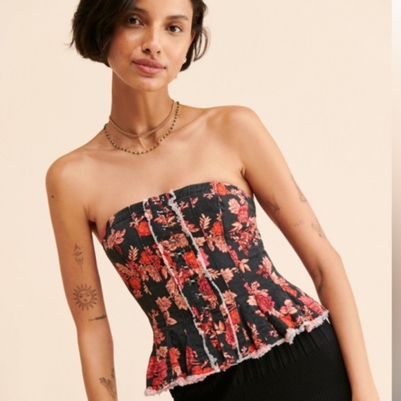Free People Tops - Free People Black and Red Floral Smocked Corset Top